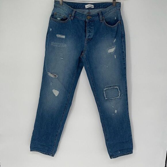 Ann Taylor Denim - Ann Taylor LOFT Womens Mid Rise Button Fly Distressed Boyfriend Jeans Blue Sz 29